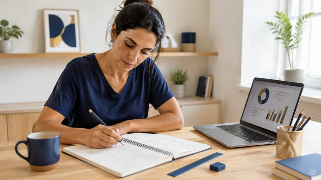 Mulher estudando matemática em casa com caderno, lápis e computador.