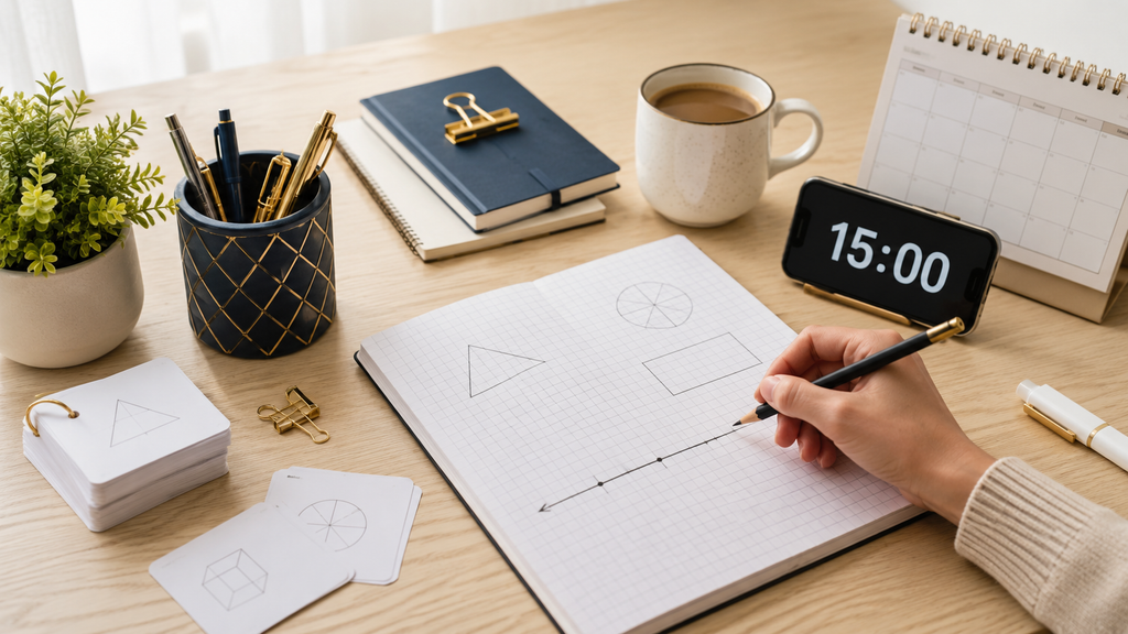 Mesa de estudos com caderno de matemática e cronômetro marcando 15 minutos.